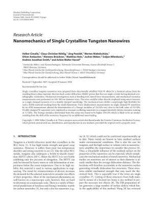 Research Article Nanomechanics of Single Crystalline Tungsten Nanowires