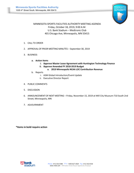 MINNESOTA SPORTS FACILITIES AUTHORITY MEETING AGENDA Friday, October 18, 2019, 9:00 A.M