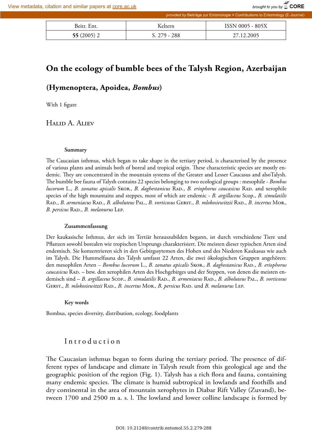 On the Ecology of Bumble Bees of the Talysh Region, Azerbaijan