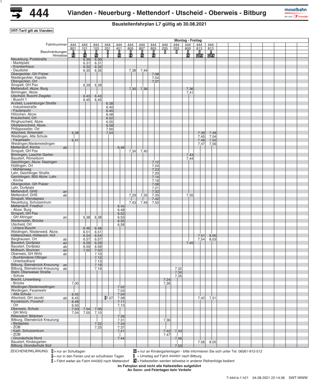 Vianden - Neuerburg - Mettendorf - Utscheid - Oberweis - Bitburg Baustellenfahrplan L7 Gültig Ab 30.08.2021 VRT-Tarif Gilt Ab Vianden