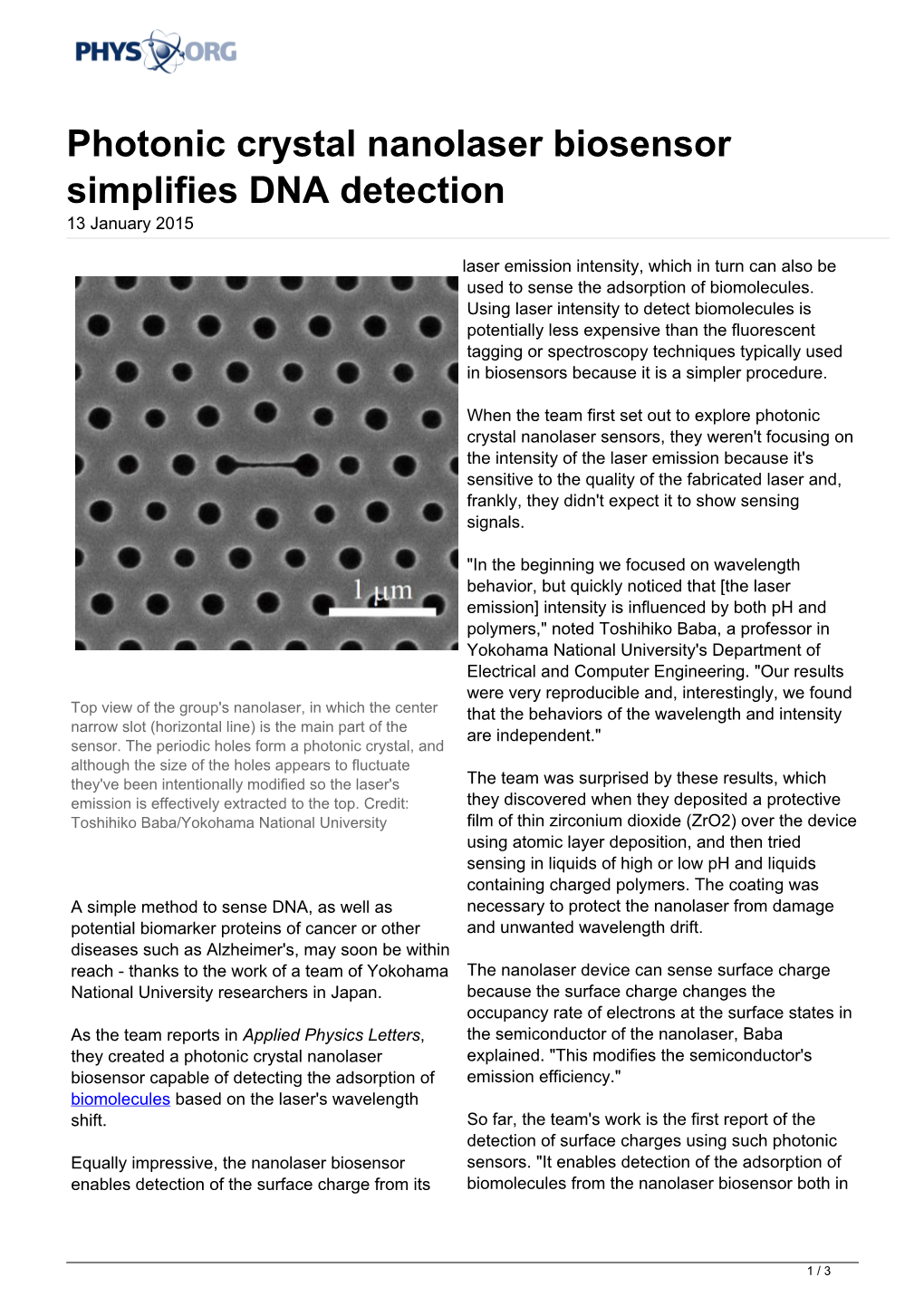 Photonic Crystal Nanolaser Biosensor Simplifies DNA Detection 13 January 2015