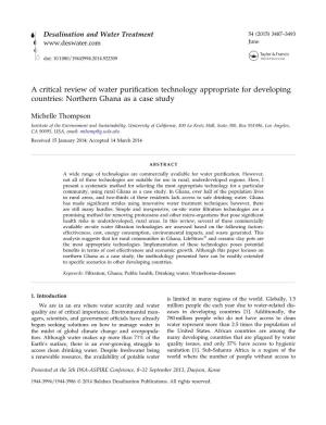 A Critical Review of Water Purification Technology Appropriate for Developing Countries