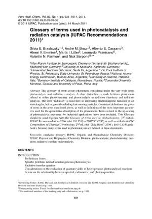 Glossary of Terms Used in Photocatalysis and Radiation Catalysis (IUPAC Recommendations 2011)*