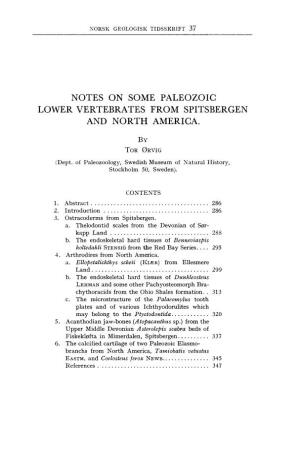 Notes on Some Paleozoic Lower Vertebrates from Spitsbergen and North America