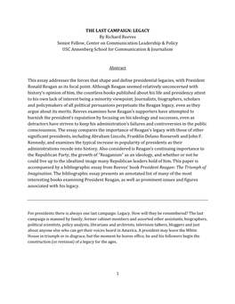 THE LAST CAMPAIGN: LEGACY by Richard Reeves Senior Fellow, Center on Communication Leadership & Policy USC Annenberg School for Communication & Journalism