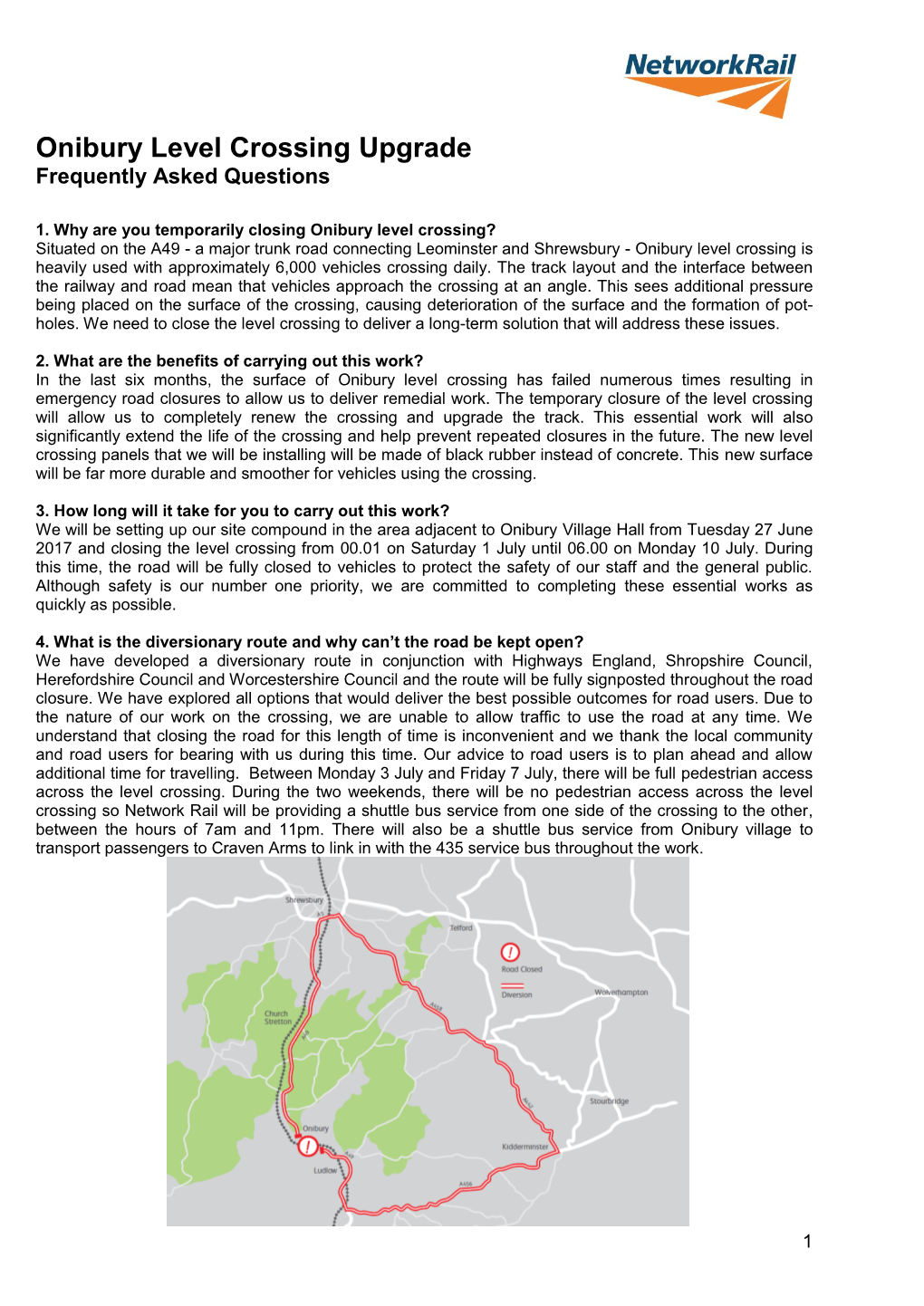 Onibury Level Crossing Upgrade Frequently Asked Questions