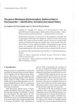 Ephemeroptera, Siphlonuridae) in Fennoscandia - Identification, Faunistics and Natural History