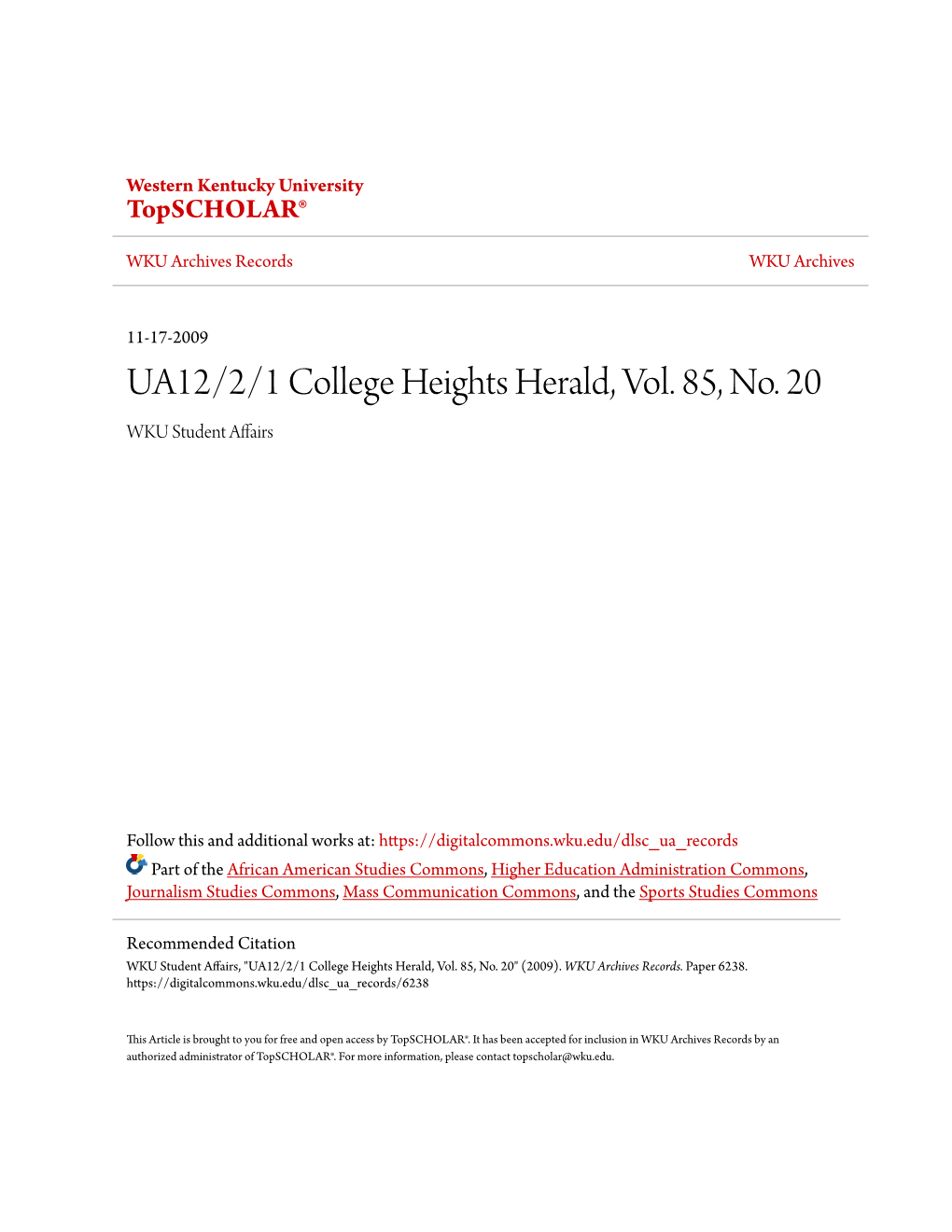 UA12/2/1 College Heights Herald, Vol. 85, No. 20 WKU Student Affairs