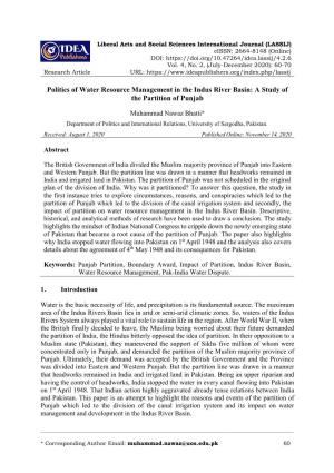 Politics of Water Resource Management in the Indus River Basin: a Study of the Partition of Punjab