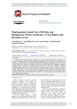 Pupil Sparing Cranial Nerve III Palsy and Hemiparesis, Weber Syndrome: a Case Report and Literature Review, SPR, 2021, Volume 1, Issue, 4, Page No.: 216 – 219