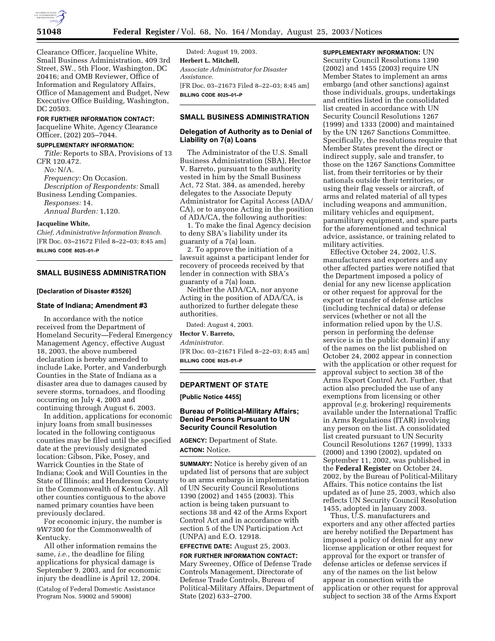 Federal Register/Vol. 68, No. 164/Monday, August 25, 2003