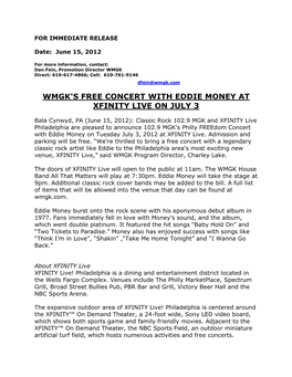 Wmgk's Free Concert with Eddie Money at Xfinity Live on July 3