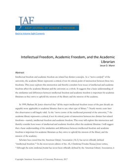 Intellectual Freedom, Academic Freedom, and the Academic Librarian Jesse D