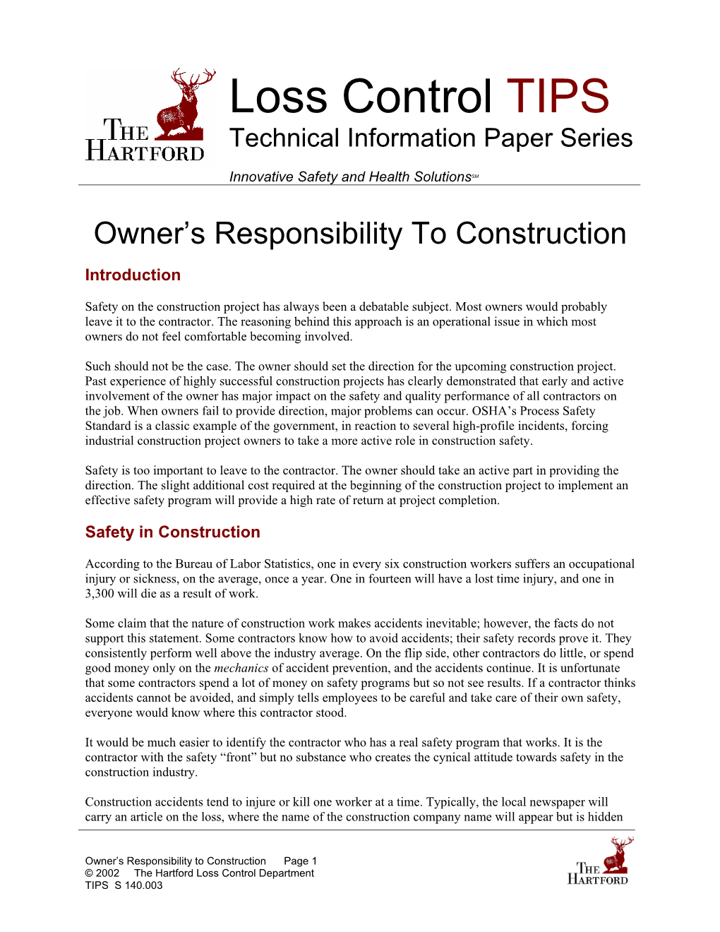 Owner's Responsibility to Construction