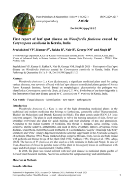 First Report of Leaf Spot Disease on Woodfordia Fruticosa Caused by Corynespora Cassiicola in Kerala, India
