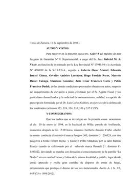 Mas De Zamora, 16 De Septiembre De 2014.- AUTOS Y VISTOS: Para Resolver En La Presente Causa Nro