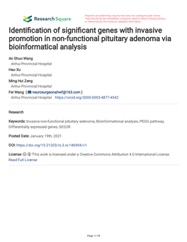 Identi Cation of Signi Cant Genes with Invasive Promotion in Non-Functional Pituitary Adenoma Via Bioinformatical Analysis