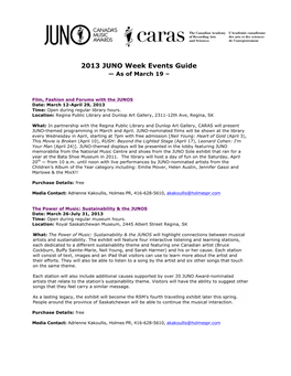 2013 JUNO Week Events Guide — As of March 19 –