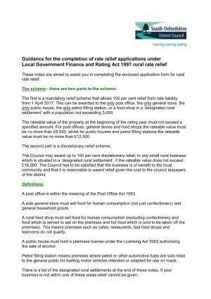 Guidance for the Completion of Rate Relief Applications Under Local Government Finance and Rating Act 1997 Rural Rate Relief