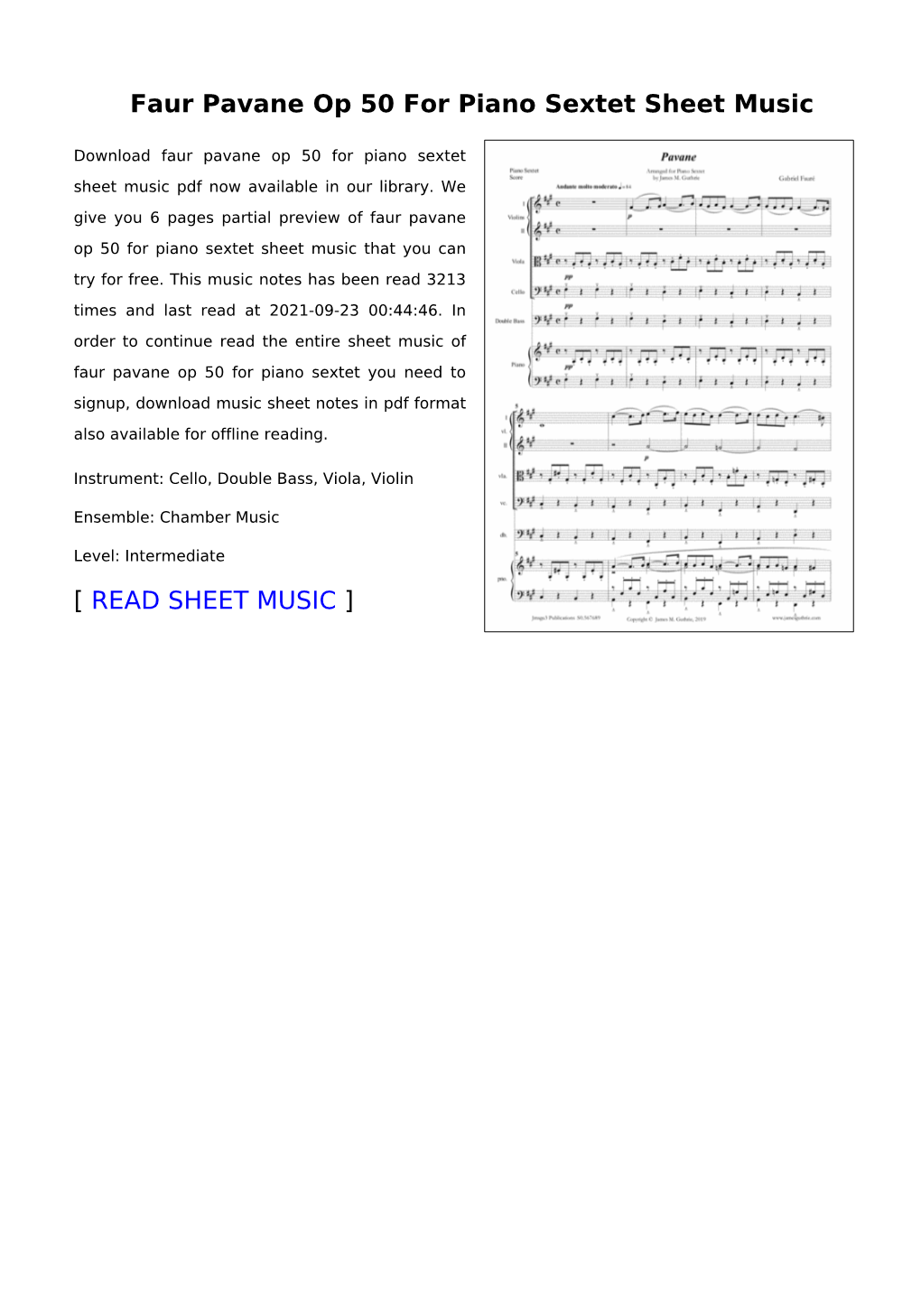Faur Pavane Op 50 for Piano Sextet Sheet Music