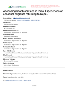 Accessing Health Services in India: Experiences of Seasonal Migrants Returning to Nepal