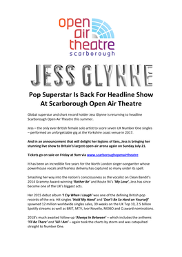 Pop Superstar Is Back for Headline Show at Scarborough Open Air Theatre