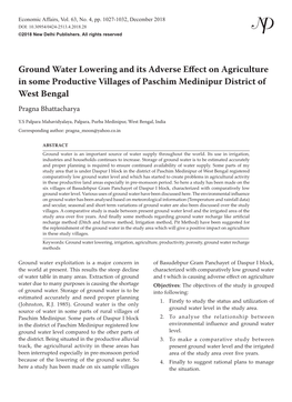 Ground Water Lowering and Its Adverse Effect on Agriculture in Some Productive Villages of Paschim Medinipur District of West Bengal Pragna Bhattacharya