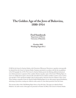 Fred Stambrook, the Golden Age of the Jews in Bukovina 1880-1914.Pdf
