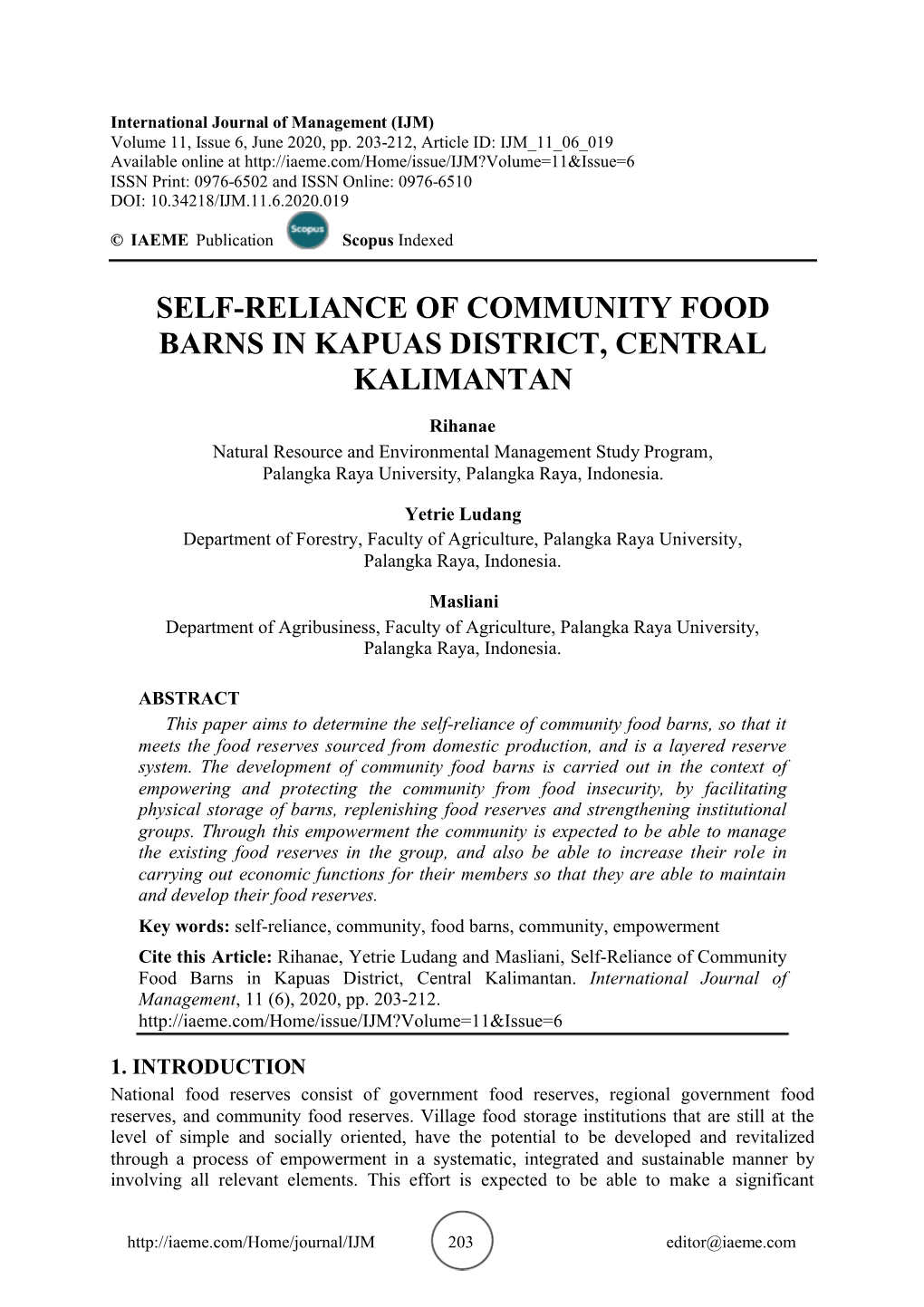 Self-Reliance of Community Food Barns in Kapuas District, Central Kalimantan