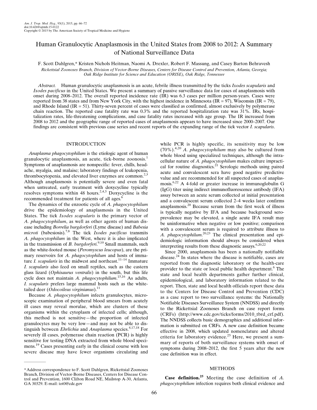 Human Granulocytic Anaplasmosis in the United States from 2008 to 2012: a Summary of National Surveillance Data