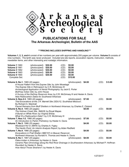 PUBLICATIONS for SALE the Arkansas Archeologist, Bulletin of the AAS
