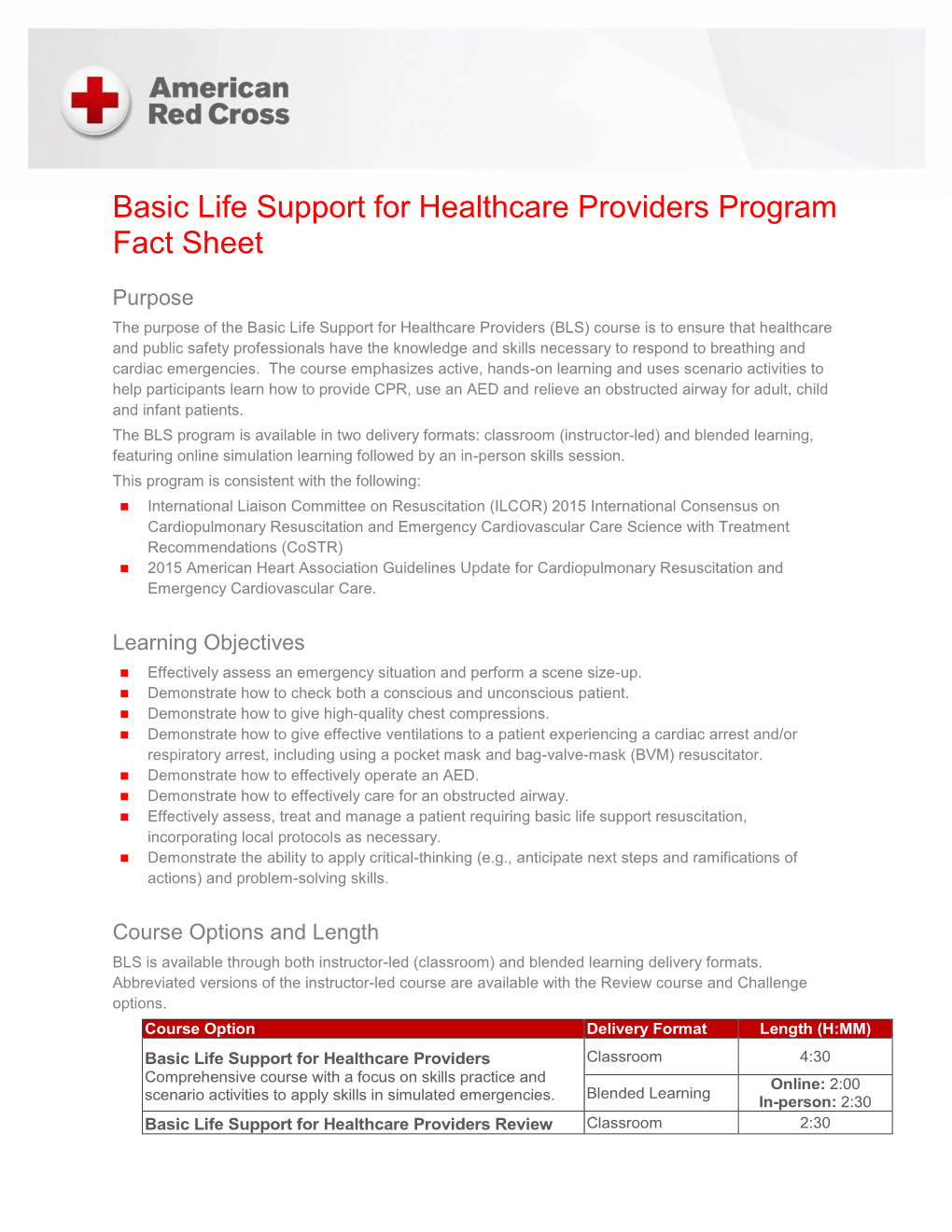 Basic Life Support for Healthcare Providers Program Fact Sheet