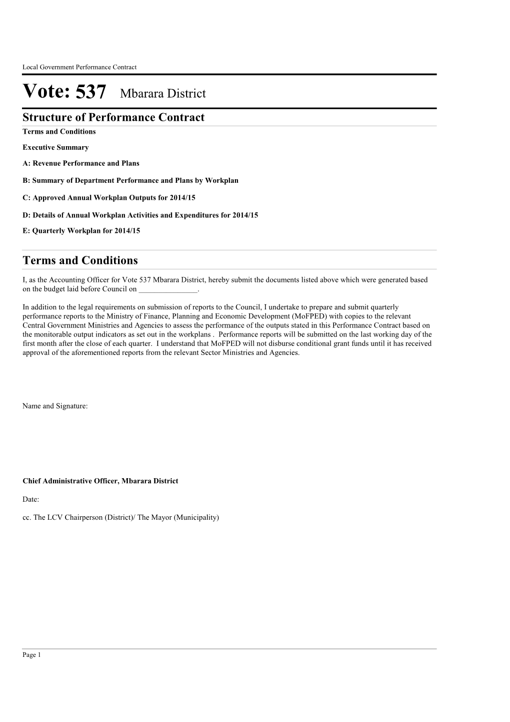 Vote: 537 Mbarara District Structure of Performance Contract Terms and Conditions