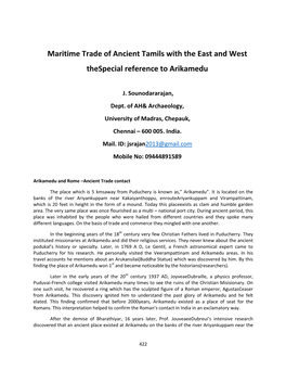 Maritime Trade of Ancient Tamils with the East and West Thespecial Reference to Arikamedu