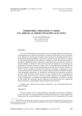 Territorio, Urbanismo Y Crisis. Una Mirada Al Medio Vinalopó (Alicante)1