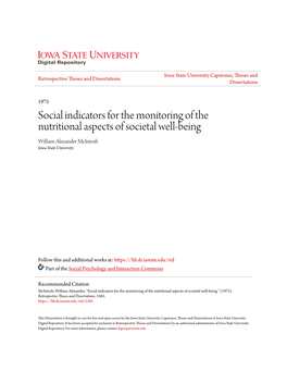 Social Indicators for the Monitoring of the Nutritional Aspects of Societal Well-Being William Alexander Mcintosh Iowa State University
