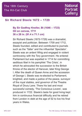The 18Th Century the Kit-Cat Club Sir Richard Steele 1672