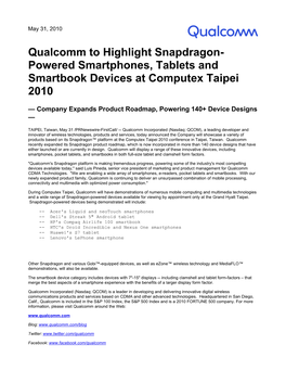 Qualcomm to Highlight Snapdragon- Powered Smartphones, Tablets and Smartbook Devices at Computex Taipei 2010