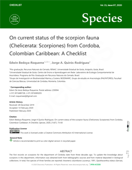 On Current Status of the Scorpion Fauna (Chelicerata: Scorpiones) from Cordoba, Colombian Caribbean: a Checklist