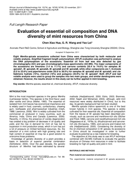 Evaluation of Essential Oil Composition and DNA Diversity of Mint Resources from China