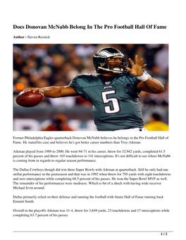 Does Donovan Mcnabb Belong in the Pro Football Hall of Fame