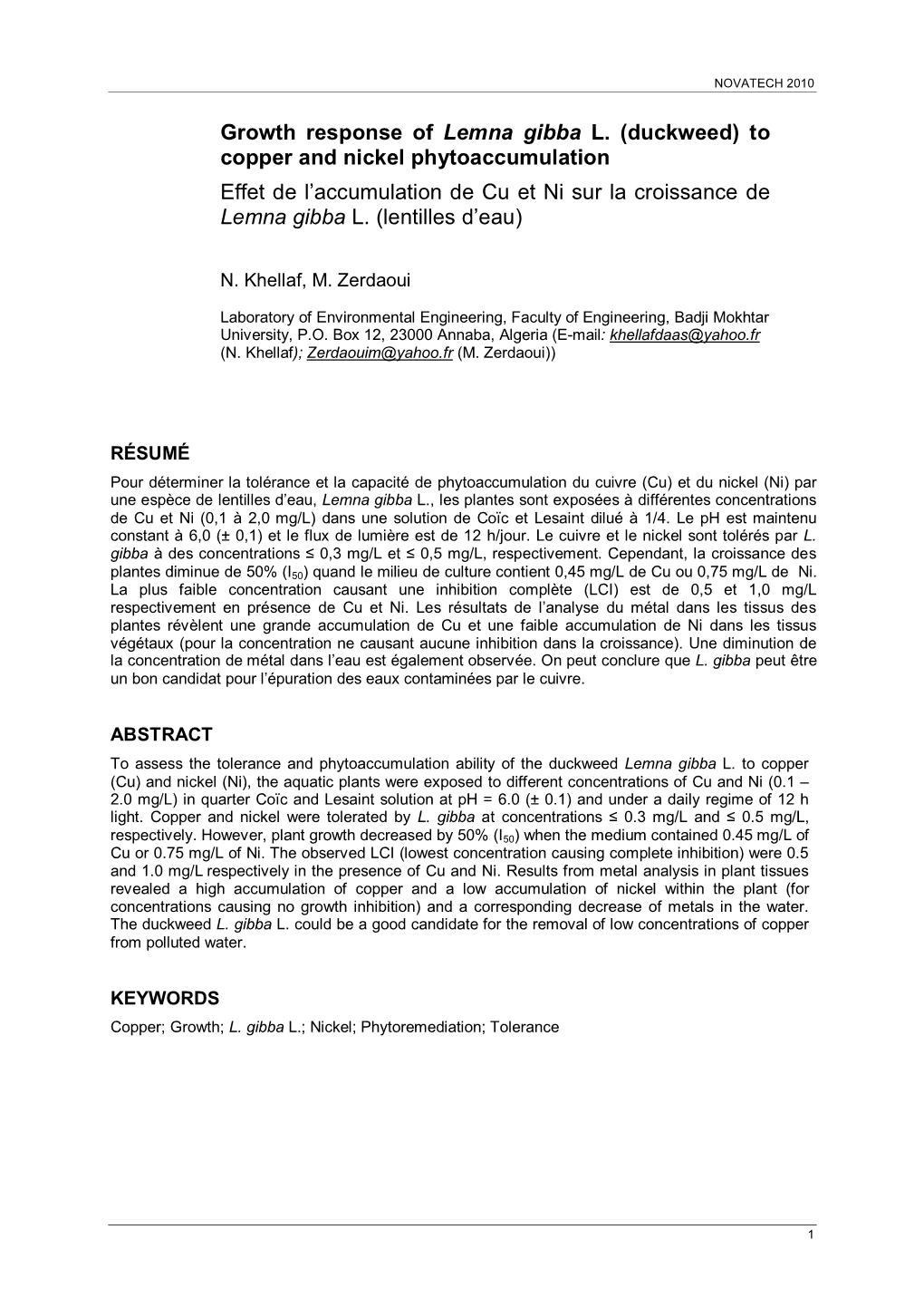 Growth Response of Lemna Gibba L. (Duckweed) to Copper and Nickel Phytoaccumulation Effet De L’Accumulation De Cu Et Ni Sur La Croissance De Lemna Gibba L