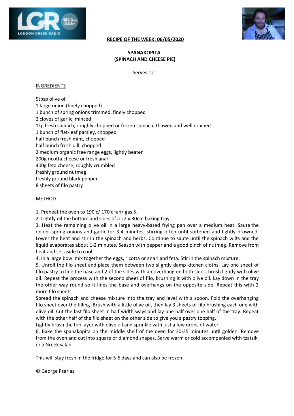 Recipe of the Week: 06/05/2020 Spanakopita (Spinach And