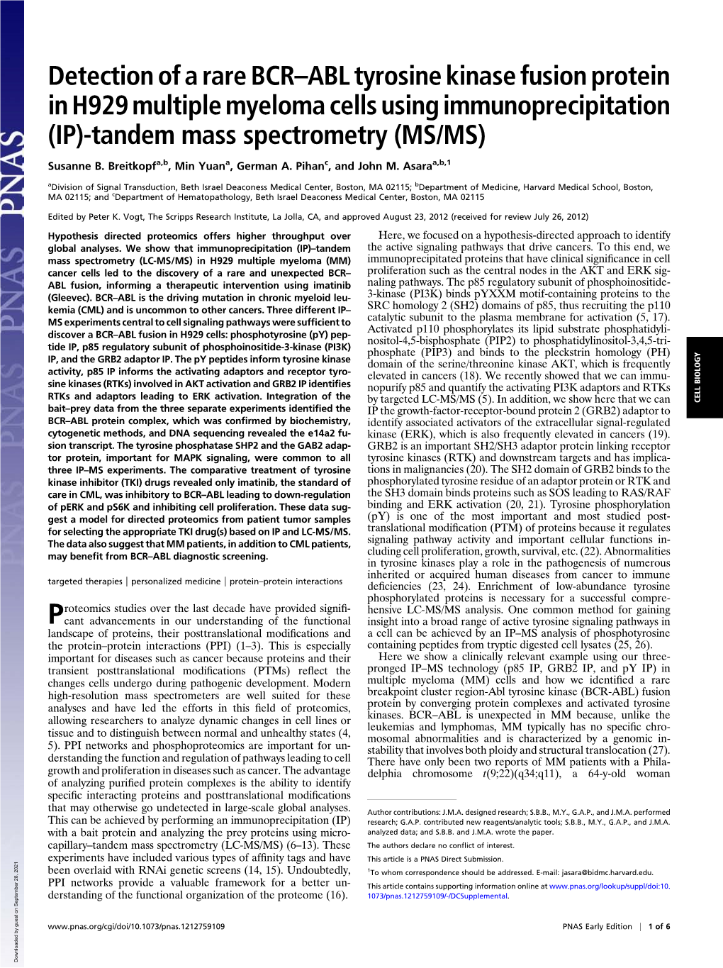 Detection of a Rare BCR–ABL Tyrosine Kinase Fusion Protein in H929 Multiple Myeloma Cells Using Immunoprecipitation (IP)-Tandem Mass Spectrometry (MS/MS)