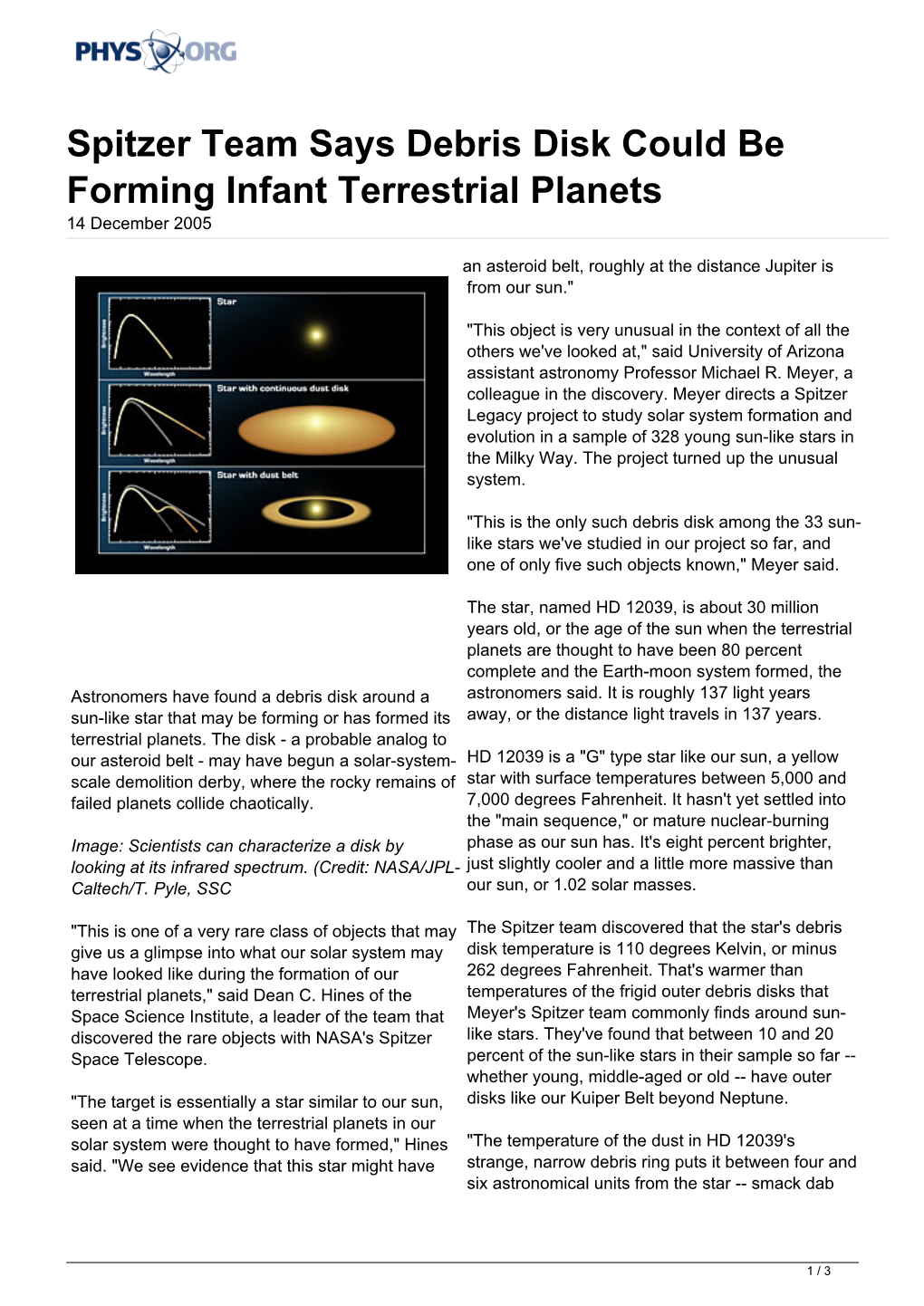 Spitzer Team Says Debris Disk Could Be Forming Infant Terrestrial Planets 14 December 2005