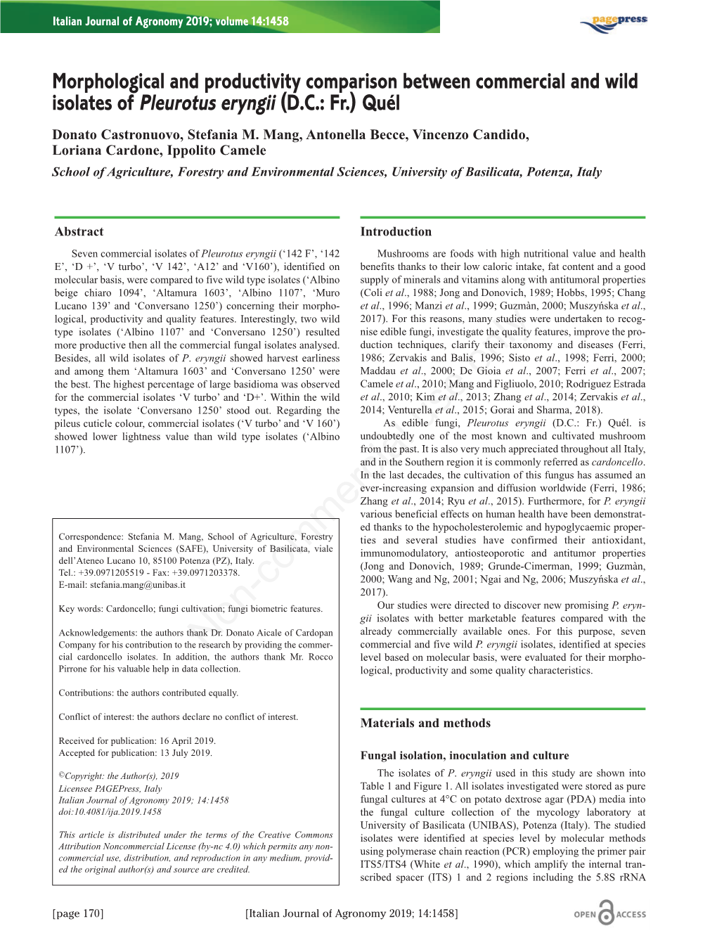 Morphological and Productivity Comparison Between Commercial and Wild Isolates of Pleurotus Eryngii (DC: Fr.) Quél