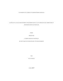 Le Rôle Des Femmes Atikamekw Dans La Gouvernance Du Territoire Et Des