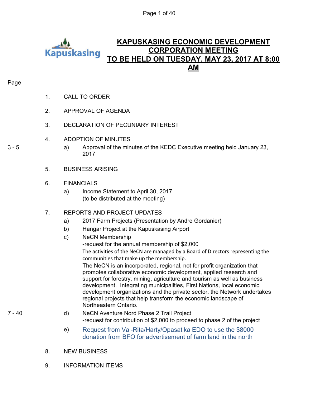 Kapuskasing Economic Development Corporation Meeting to Be Held on Tuesday, May 23, 2017 at 8:00 Am