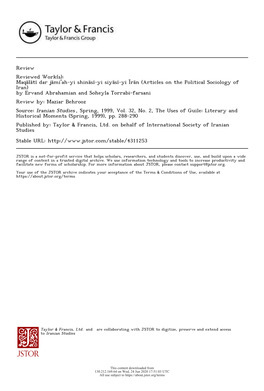 Articles on the Political Sociology of Iran) by Ervand Abrahamian and Soheyla Torrabi-Farsani Review By: Maziar Behrooz Source: Iranian Studies , Spring, 1999, Vol