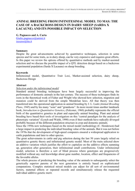 Animal Breeding from Infinitesimal Model to Mas: the Case of a Backcross Design in Dairy Sheep (Sarda X Lacaune) and Its Possible Impact on Selection